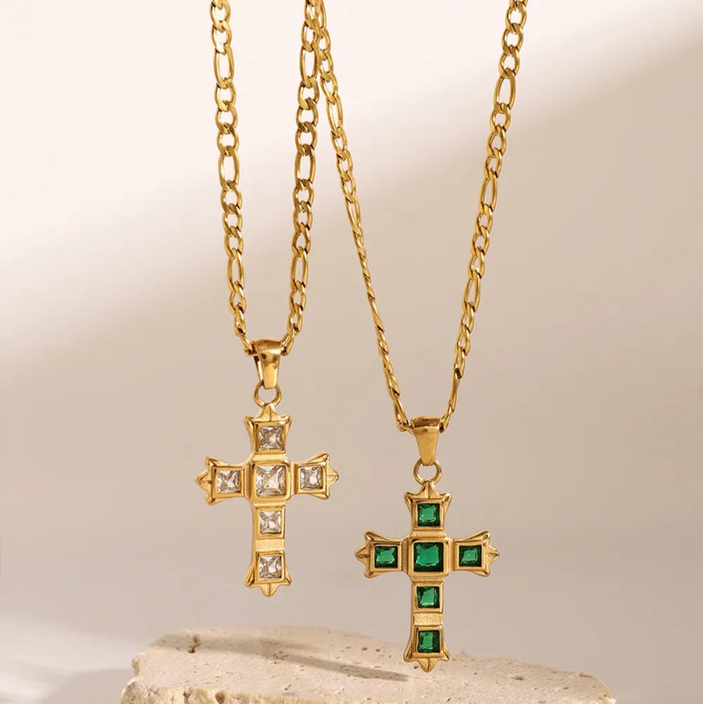 Stainless Steel Zircon Cross Pendant Necklace